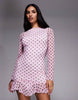 Kaiia exclusive slinky long sleeve ruffle hem open back mini dress in pink and black polka dots