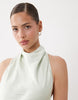 SNDYS satin high neck open back twist detail maxi dress in sage