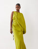 one-shoulder blouson maxi dress with cut-out waist in lime green
