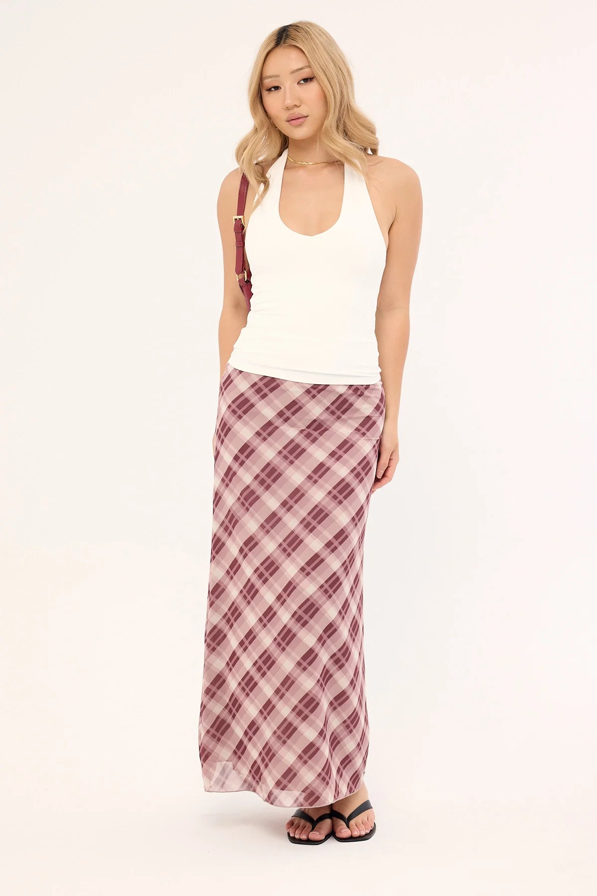 Luck & Trouble Linear Check Maxi Skirt Burgundy Print