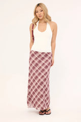Luck & Trouble Linear Check Maxi Skirt Burgundy Print