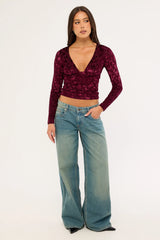 Luck & Trouble Bridie Flocked Long Sleeve V Neck Top Burgundy