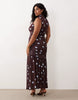 Curve printed polka dot ruched drop waist circle dress with grown on neck in blue