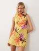 high slash neck mini dress with trim back detail in floral print scuba-style fabric