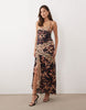 overlay lace trim midaxi dress with back detail in leopard print