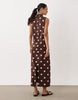 sleeveless funnel neck maxi dress in chocolate and pink polka dots