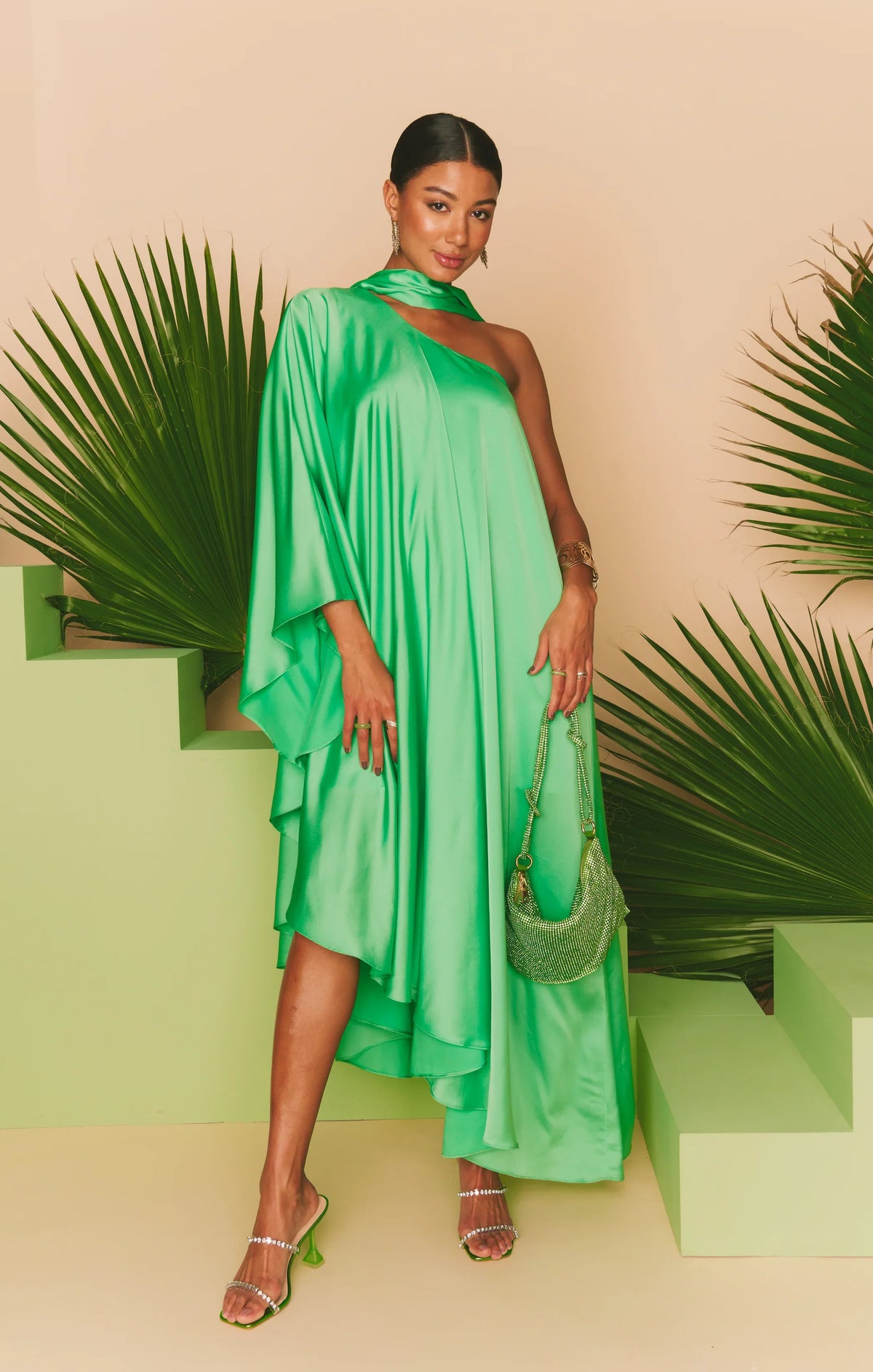 Rhea One Shoulder Dress ~ Kiwi Luxe Satin