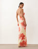 deep V plunge mesh maxi dress in pink floral