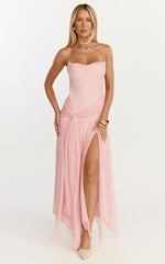 Idris Midi Dress - Cowl Neck Draped Sash Godet Dress in Soft Pink