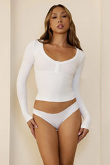 BASE Luxe Rib V Neck Button Long Sleeve Top Ivory