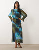 Daska chiffon drape detail blouson waist maxi dress in blurred blue and olive print