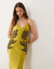 Tall crinkle satin scoop neck cami midi dress with floral embellishment in olive green