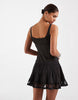 scoop neck mini dress with sheer lace panels and floral embellishment in washed charcoal