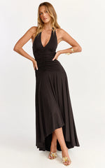 Celeste Maxi Dress - Gathered Bodice Dropped Waist Halter Dress in Chocolate