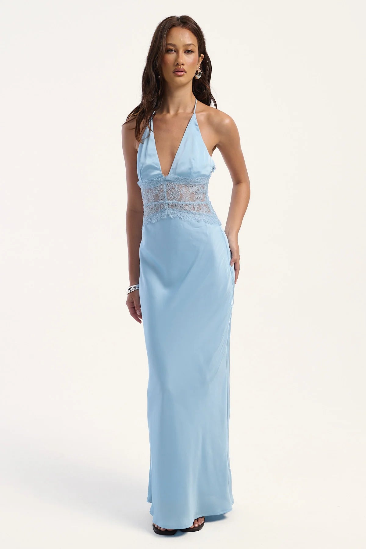 Luck & Trouble Rietta Lace Halter Maxi Dress Ice Blue