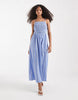 PIECES ruched cotton cami midaxi dress in blue and white stripes
