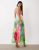 AFRM Rivka printed mesh inbuilt bodysuit detail plunge neck maxi dress in green floral print