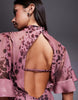 half wide sleeves column chiffon and satin contrast dress in pink abstract animal print
