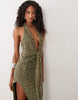 Murci halterneck plunge drape knot detail knit sequin maxi dress in khaki