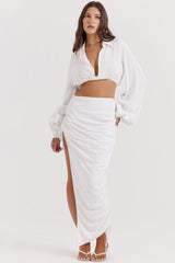 white plunge blouson top