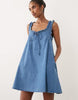 denim frill detail mini dress with pockets in mid blue