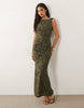 raw seam cowl back devore maxi dress in green