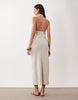 halter neck linen look slip maxi sundress with striped bust in neutral