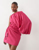 one-shoulder blouson mini dress with cut-out waist in magenta