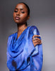 Daska chiffon high cowl neck frill detail maxi dress in cobalt abstract print