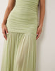 ruched drop waist circle dress with grown in neck in sage green