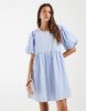 PIECES volume sleeve mini dress in blue and white gingham