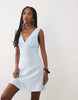 linen blend v neck halter mini dress in light blue