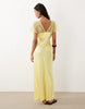 v neck satin maxi dress with lace detail in soft yellow