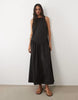 poplin slash neck drop waist maxi dress in black
