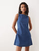 denim fit and flare shift dress in mid blue