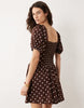Miss Selfridge spun milkmaid mini dress in chocolate polka dots