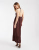 PIECES crinkle halter neck maxi dress in deep mahogany brown