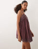 v neck cami mini dress with lace trim in washed burgundy