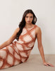 draped open back trim detail linen look maxi dress in check print