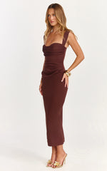 Kenna Midi Dress - Gathered Bust Tucked Waist Dress in Chocolate