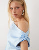 satin one shoulder drape mini dress in light blue