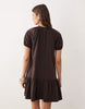 puff sleeve mini dress with gathering details in chocolate
