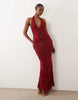 Premium embroidered applique scoop halter maxi dress in red