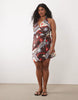 Curve cotton linen halter neck wrap mini sundress in burgundy scarf print