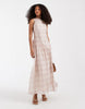 slash neck midi dress with asymmetric hem in cream plaid