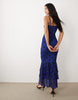 Kaiia exclusive slinky mesh strappy tiered ruffle hem maxi dress in blue and black polka dot