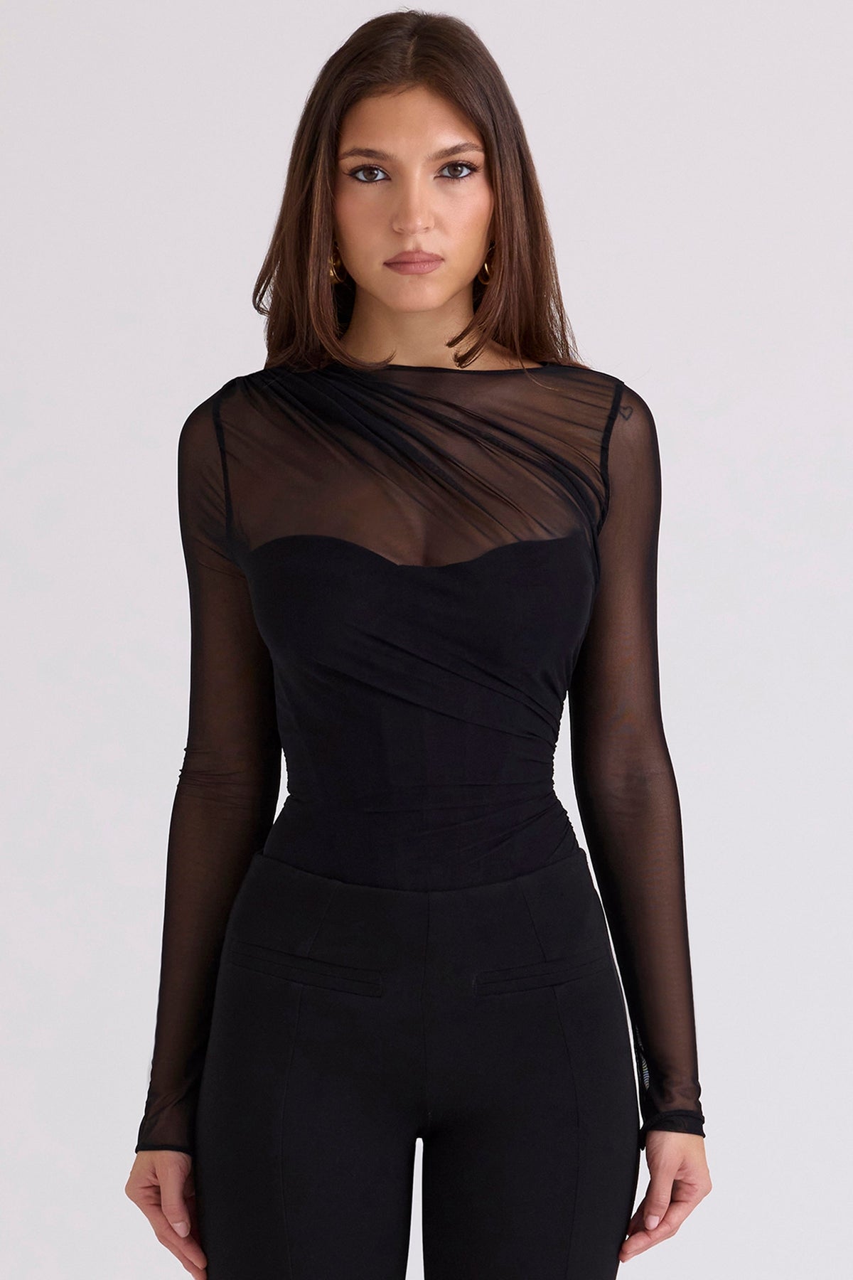black draped mesh bodysuit