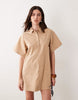 relaxed short sleeve poplin mini dress in tan