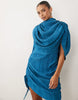 plisse asymmetric cape sleeve mini dress in blue teal