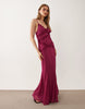 slip shift lace trim midi dress with godets in berry